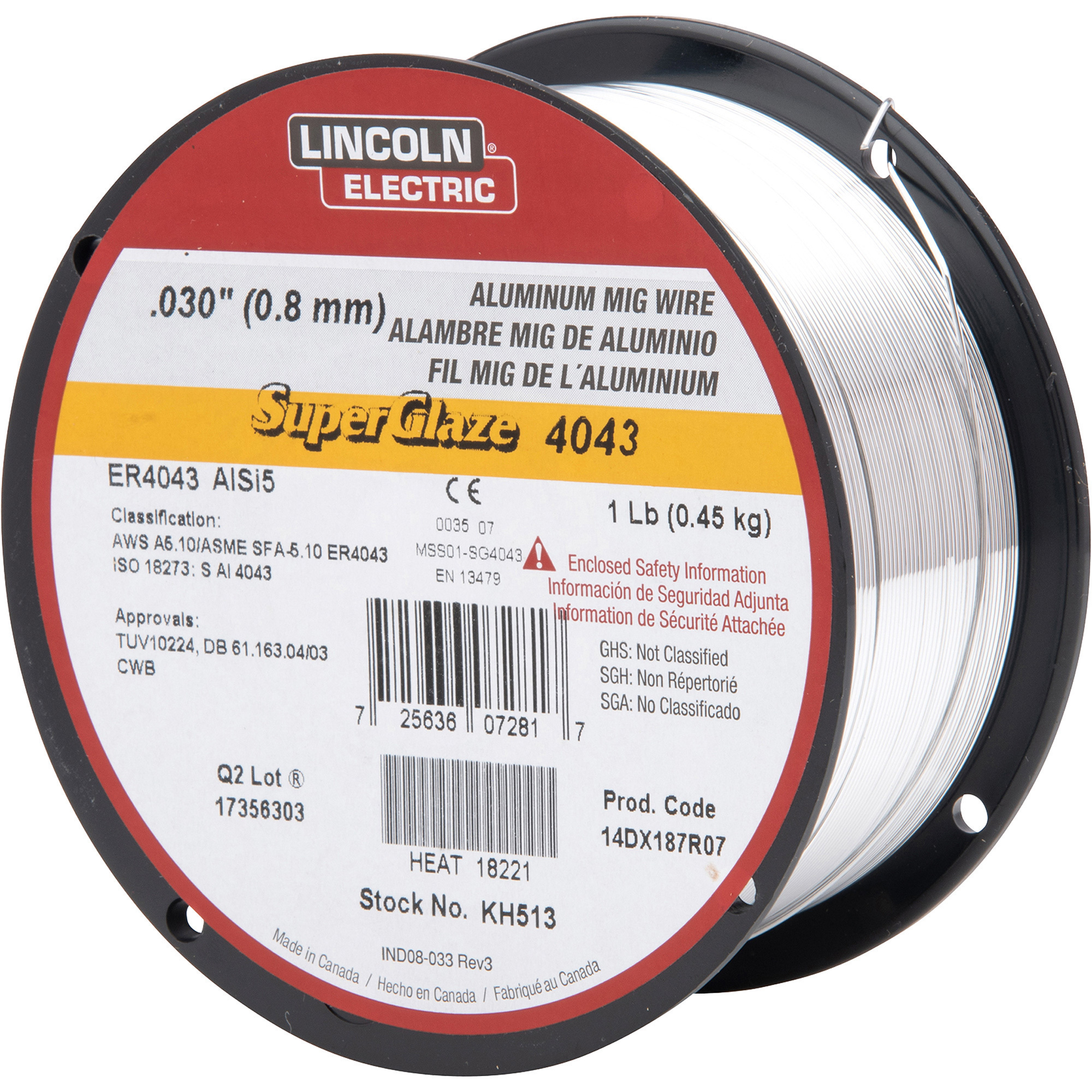 Lincoln Electric, LN 1LB .030 ER4043 ALUM WIRE, Size 0.03 in, Model# KH513